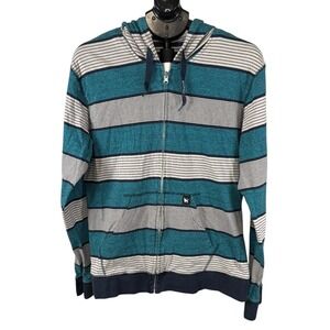 Mambo Australia Mens Large Teal Striped Full Zip Cotton Hooded LS T-shirt